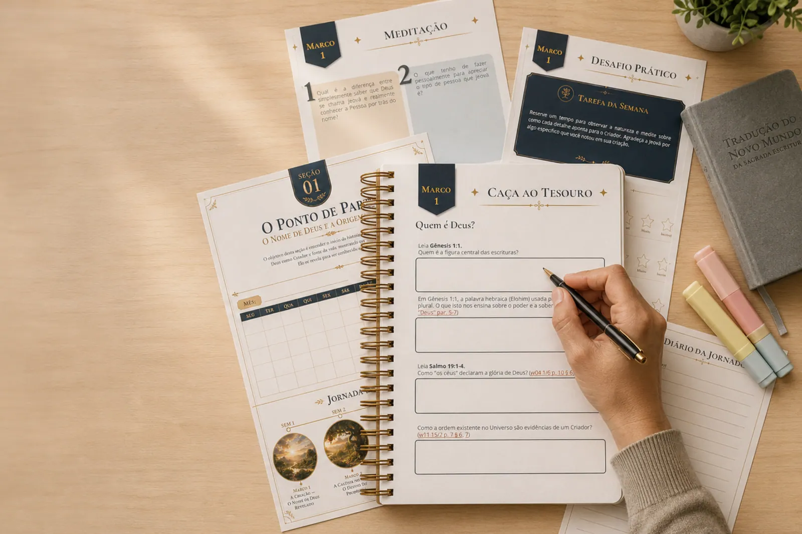 Planner Jornada pela Verdade aberto com páginas de pesquisa, meditação e desafio prático